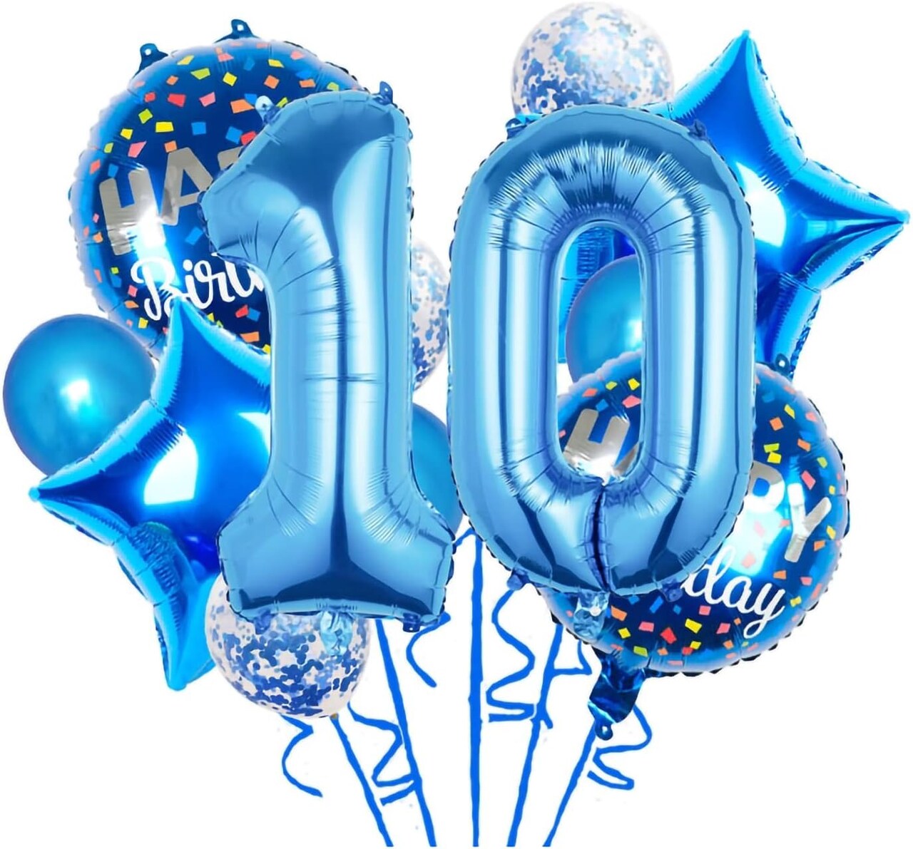11 pcs Foil Balloons 10 Year Old for 10st Birthday Party Supplies Decoration (10th, Blue)
